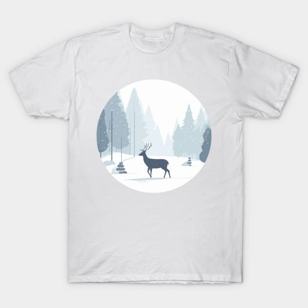 Snowy Lone Deer Christmas Winter Snow Forest Landscape T-Shirt by Francois Ringuette